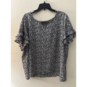 Lane Bryant Womens 24 Black White Floral Animal Print Ruffle Sleeve 
 Top A 1055